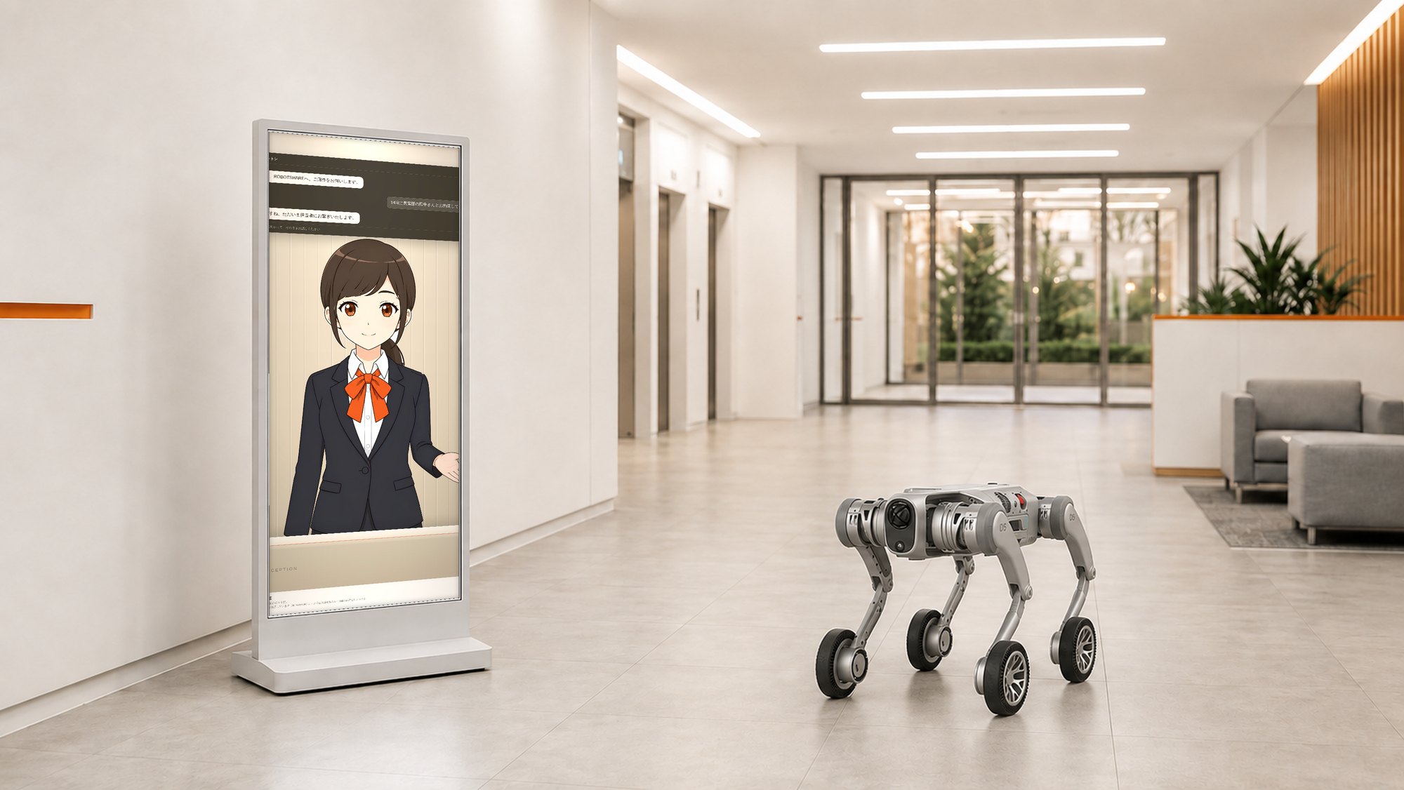 ロビーで稼働するAI受付サイネージと四足歩行ロボット