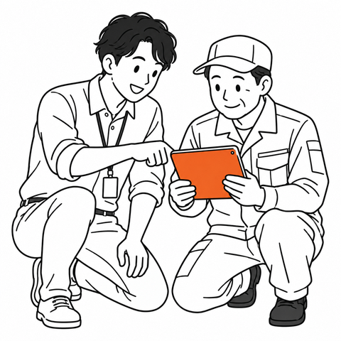 現場でタブレットの画面を確認する二人